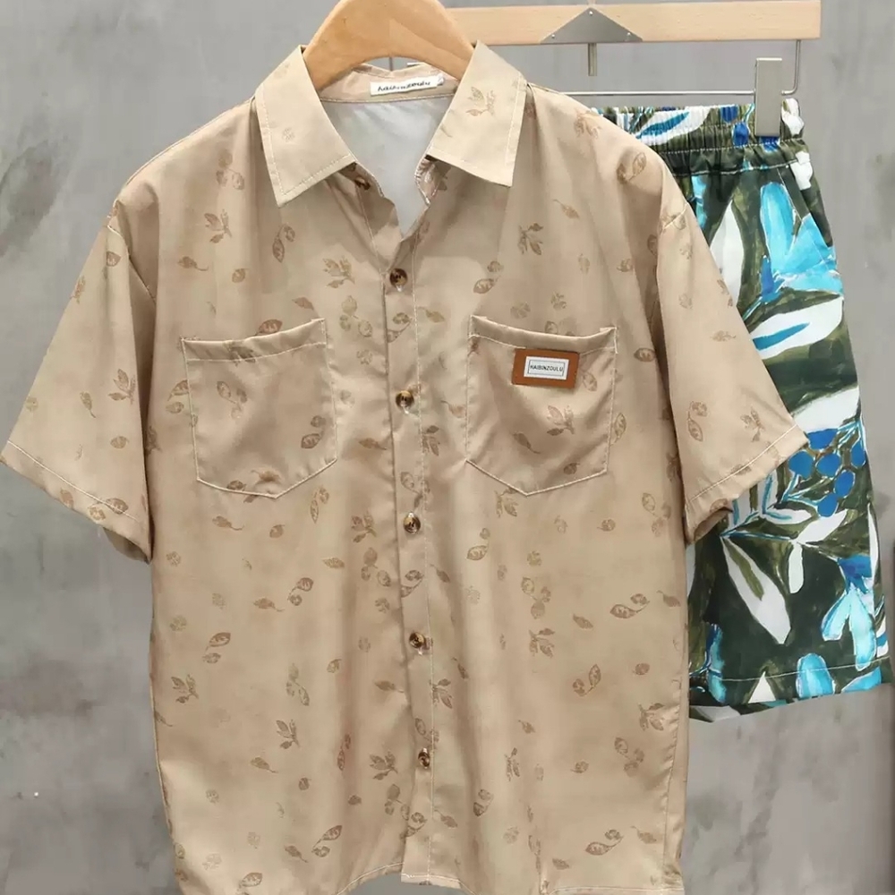 Beige Subtle Leaf Print Casual Shirt